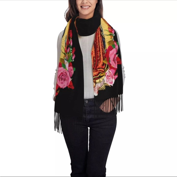 Black multicolor Our Lady of Guadalupe print wrap shawl warm soft fringes nwt - Picture 3 of 7